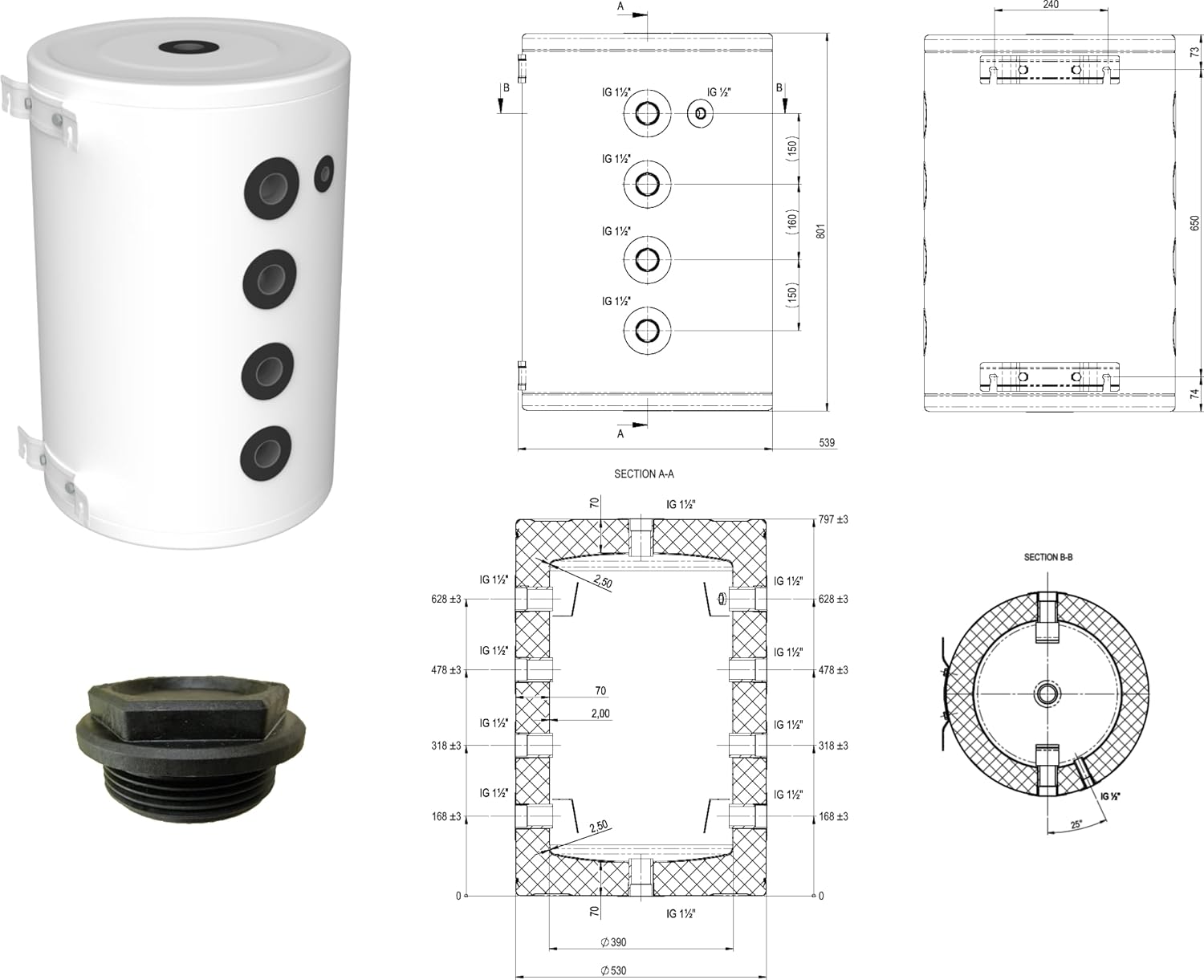 75 L Wärmepumpen-Pufferspeicher, wandhängend oder bodenstehend, mit Isolierung und Zubehörteilen inkl. Versand