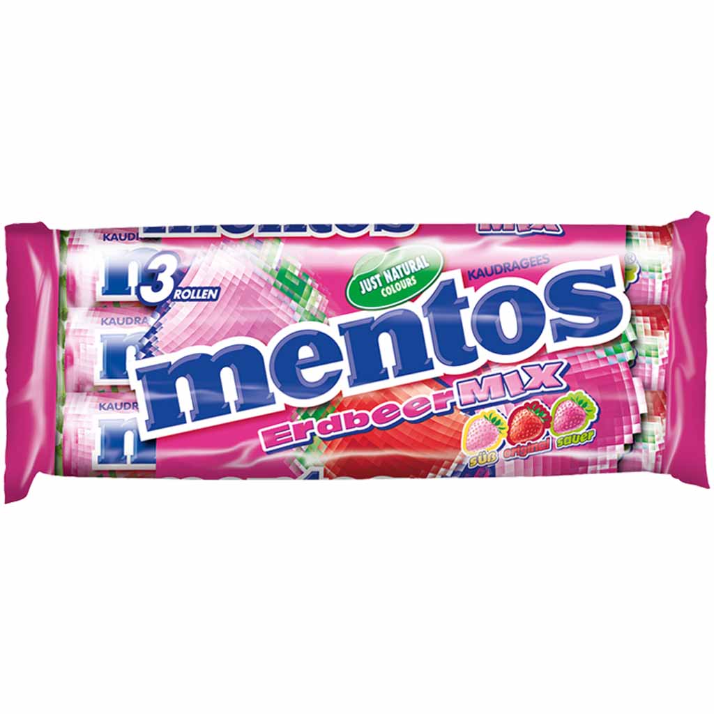 Mentos Kaubonbons Erdbeer-Mix (3x37,5g) 112,5g MHD:30.3.27