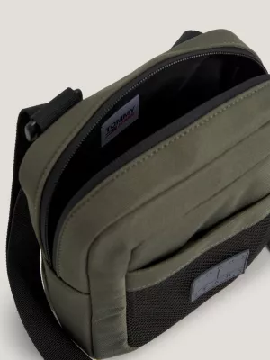 Bolsa de repórter reciclada com detalhes em tela