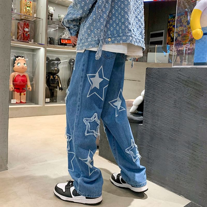 Mimiyox - Wijde jeans met sterrenprint en distressed look