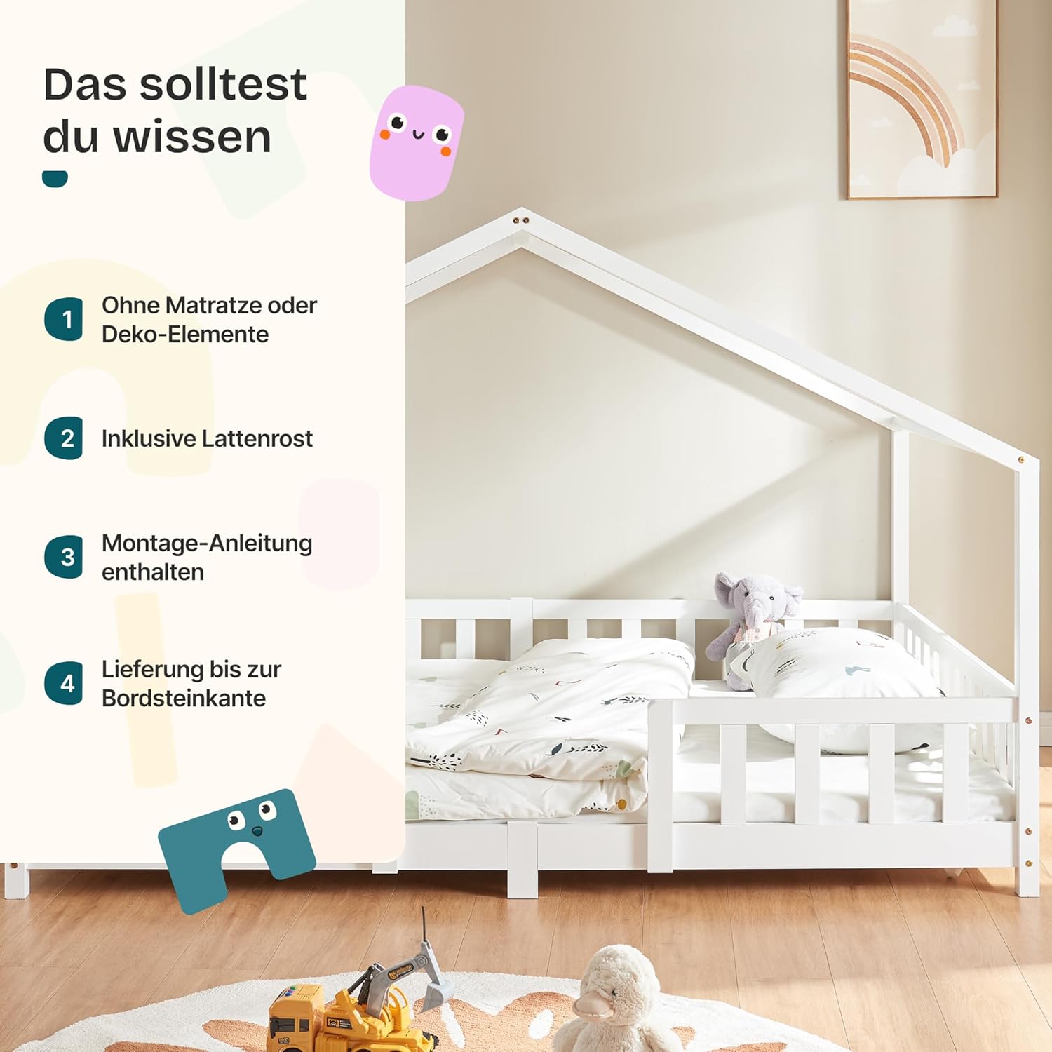 [en.casa] Kinderbett Treviolo Hausbett 140 x 200 cm Holzbett für Kinder mit Rausfallschutz Montessori Bettgestell mit Lattenrost Kiefernholz Weiß