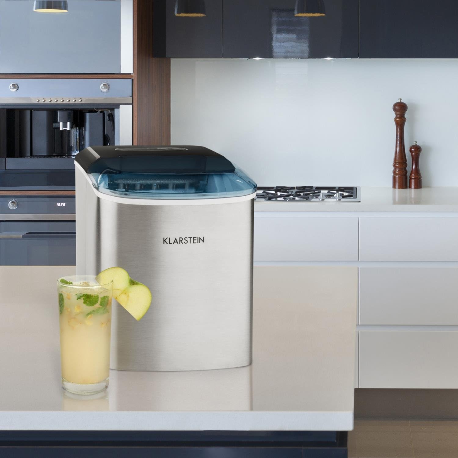 Klarstein On-The-Rocks - Eismaschine, Eiswürfelbereiter, Eiswürfelmaschine, 12 kg / 24 h, 120W, 2 Würfelgrößen, 6-12 min, 2,1 Liter Wassertank, Selbstreinigungsprogramm, Edelstahl, schwarz