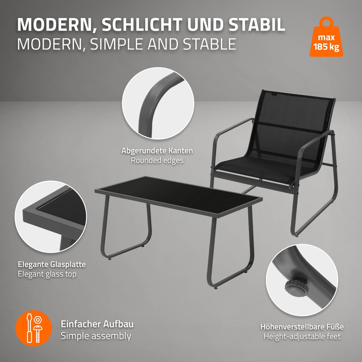 ML-Design 4-delige tuinmeubelset, zwart, balkonmeubel van staal & textileen voor 4 personen, tuinzitgroep met glazen tafel, bank en 2 fauteuils, weerbestendig, tuinmeubelset voor balkon, terras
