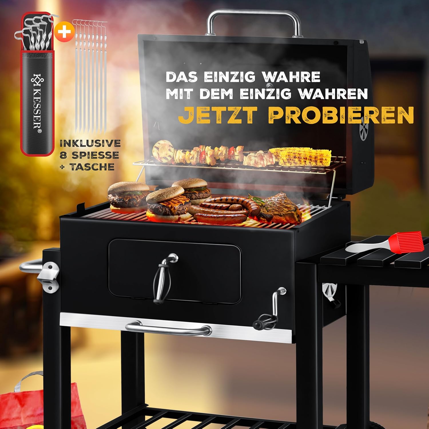 KESSER® Chariot à Barbecue | Grill XL à Charbon de Bois avec Couvercle, Roues, poignée en Acier Inoxydable, Grille et thermomètre | Grand Barbecue au Charbon de Bois