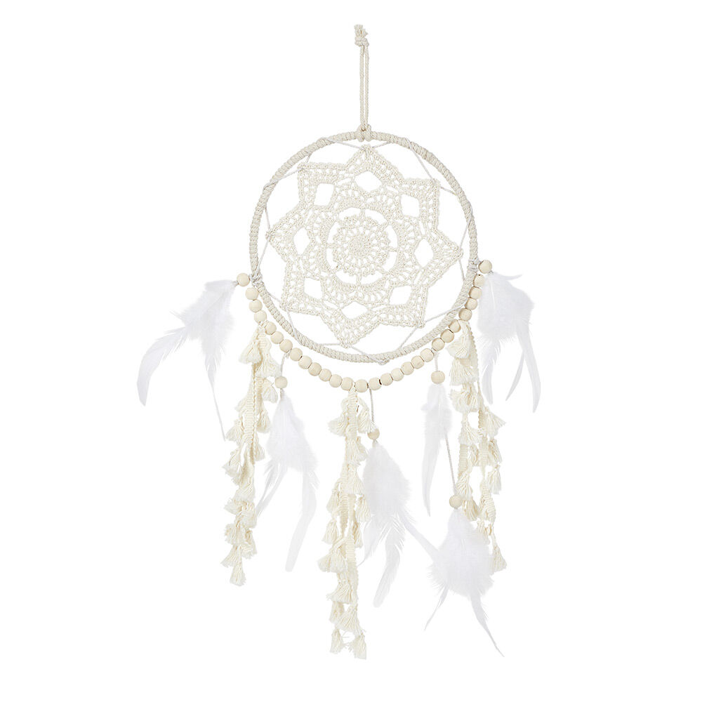 Attrape rêves macramé perle plume beige et blanc