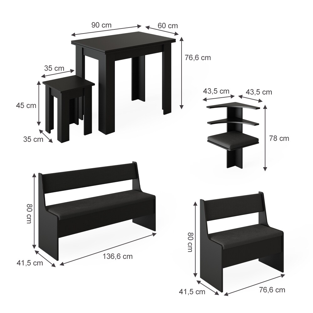 Vicco Eckbankgruppe Küchensitzgruppe Esszimmergruppe Roman Schwarz modern 180x120 cm Sitzbank Sitzecke Küchentisch Tischhocker Küchenmöbel Polstermöbel Esszimmermöbel