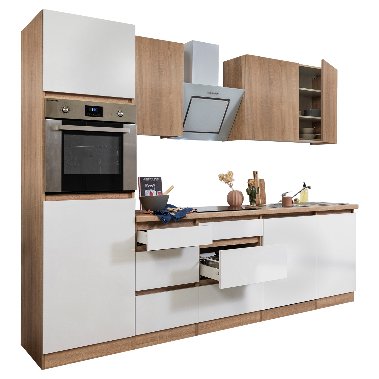 RESPEKTA Küchenblock - weiß Hochglanz-Eiche Sägerau - mit E-Geräten - 280 cm
