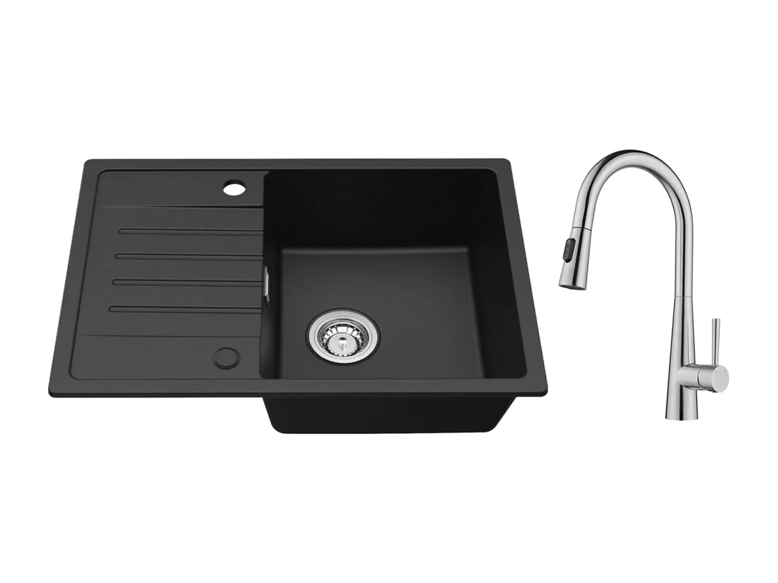 Cecipa max Evier 1 Bac avec Egouttoir, Evier en Quartz et résine Noir 65x45cm + Mitigeur avec Douchette Extractible, 3 Modes de Sortie D'eau, Brossé