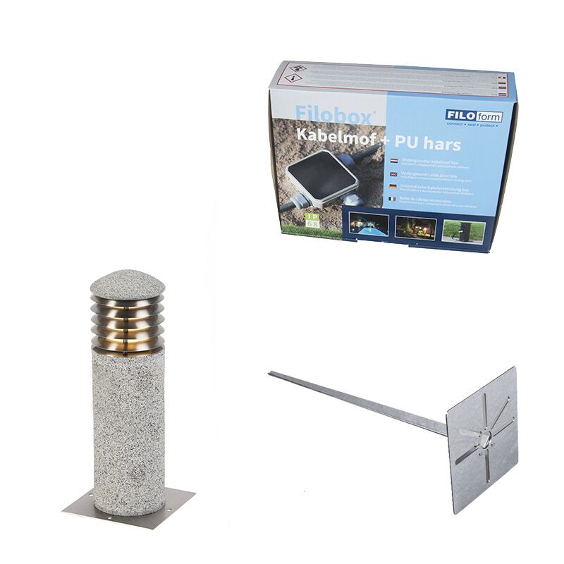 Buitenlamp graniet met grondpin en kabelmof 40cm IP55 - Happy