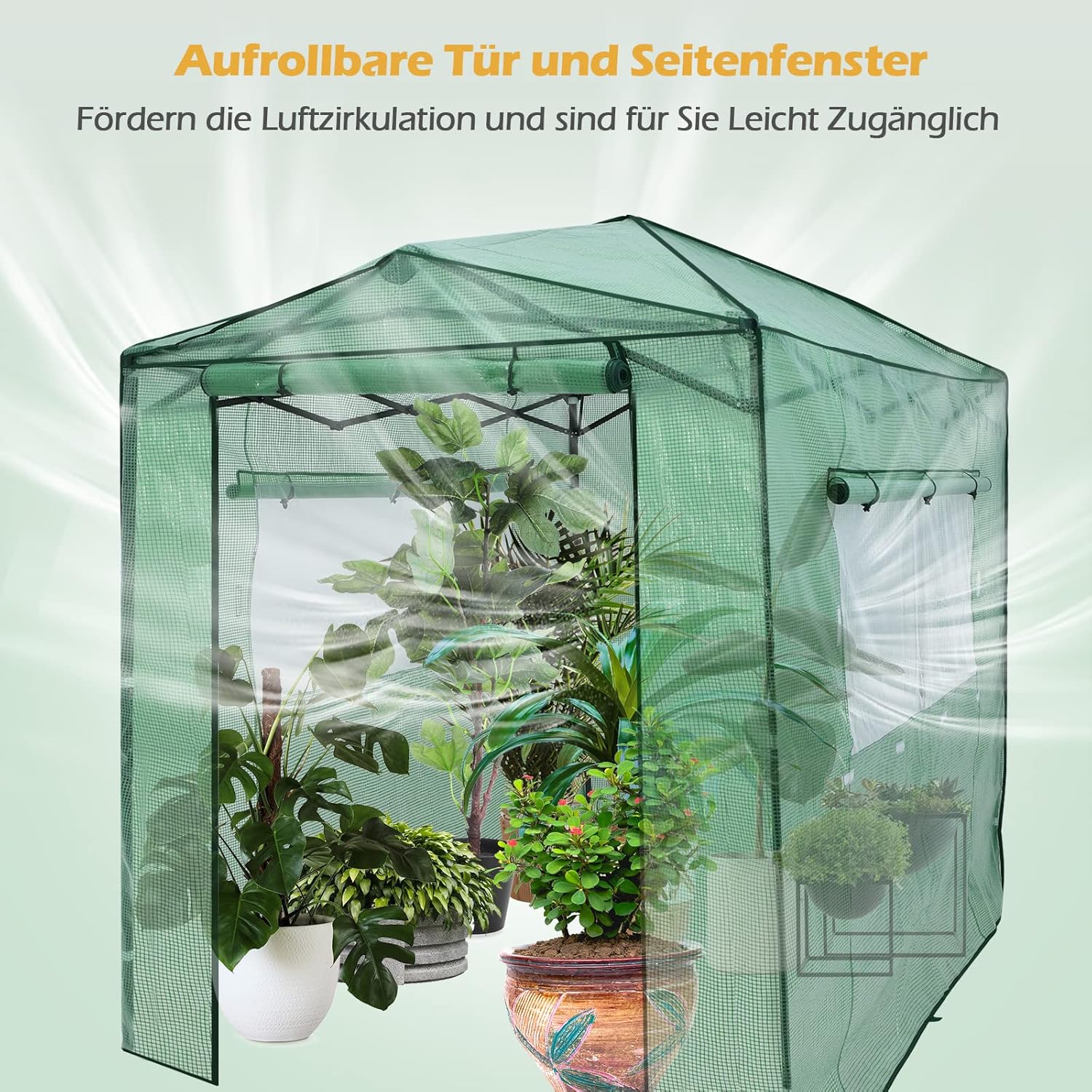 COSTWAY Gewächshaus Foliengewächshaus, 180x250x230cm, Treibhaus mit aufrollbaren Tür & 2 Fenstern, Tomatenhaus mit PE Gitterfolie, Pflanzenhaus Tomaten, Folienhaus Folienzelt, Grün