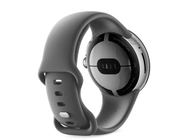 Google Pixel Watch - 41 mm - poleret sølv - smart ur med aktivt bånd - fluoroelastomer - trækul - båndstørrelse: L - 32 GB - Wi-Fi, LTE, NFC, Bluetooth - 4G - 36 g