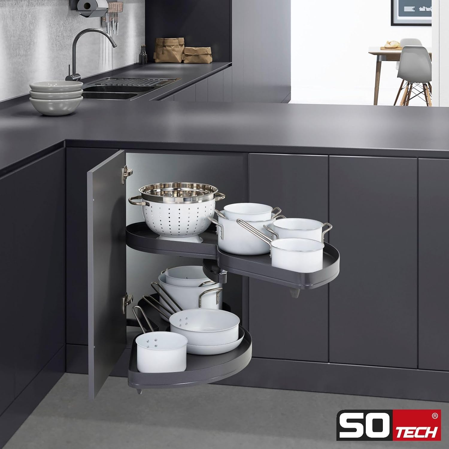 SOTECH Lemans II Arena Pure anthrazit rechts ausschwenkend für Eckschrank mit 60 cm Türbreite und Lichter Schrankhöhe von 650-800 mm Kesseböhmer Eckschrankauszüge Schwenkauszug