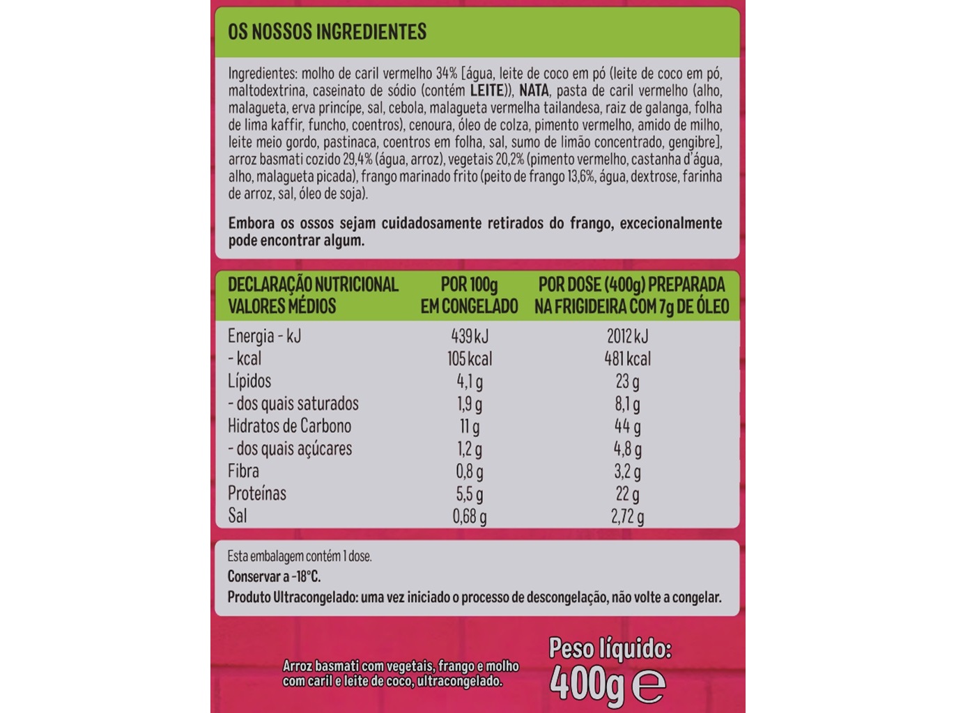 ARROZ CHICKEN THAI CURRY IGLO TAKE AWAY 400G