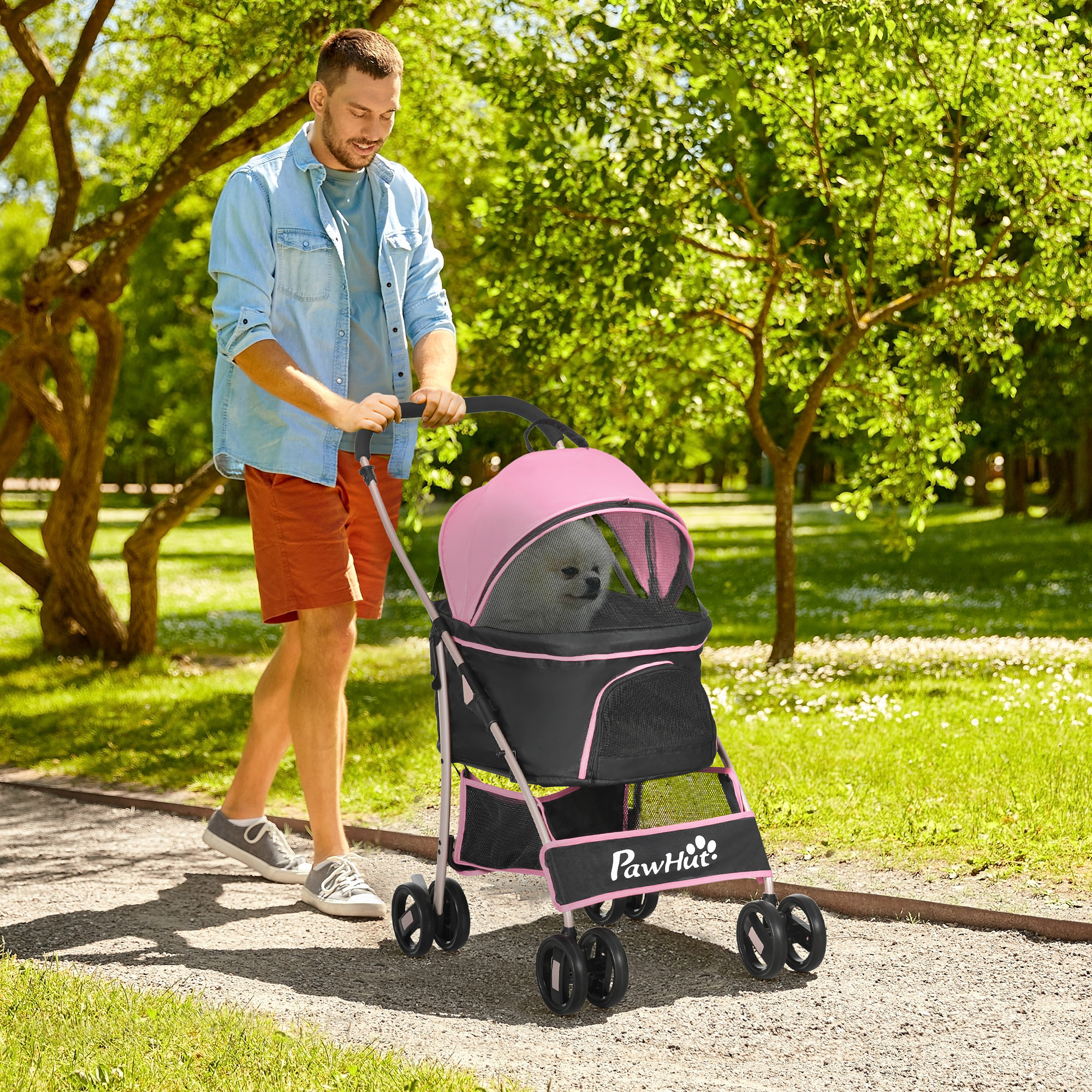Carrinho de passeio 3 em 1 PawHut para animais de estimação, transporte para cães e gatos, bolsa dobrável removível com cesto de armazenamento e freios, tecido Oxford 600D, capacidade de carga de 15 kg, 82 x 49,5 x 98 cm, rosa