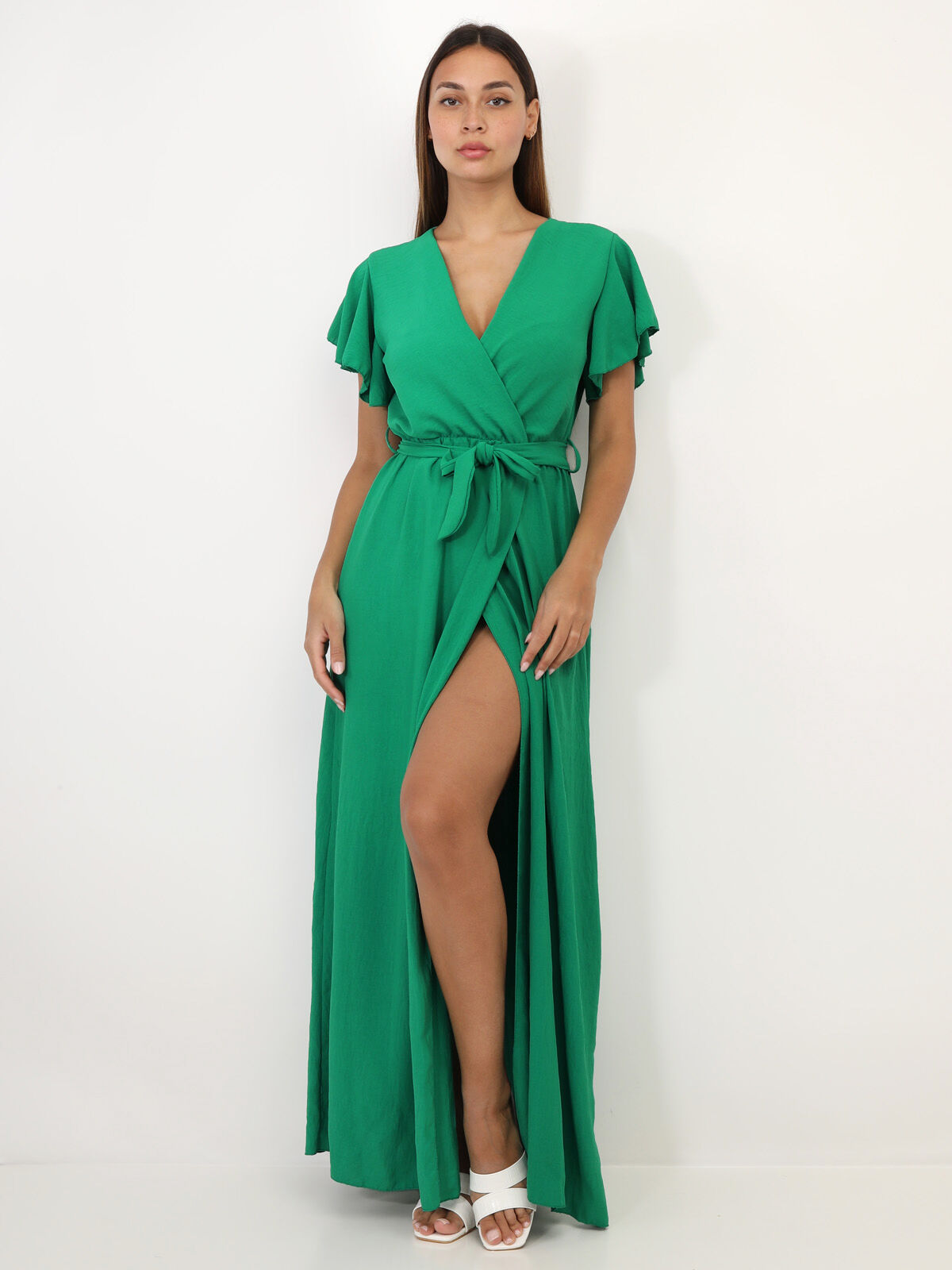 Robe longue fendue à col cache coeur- Vert