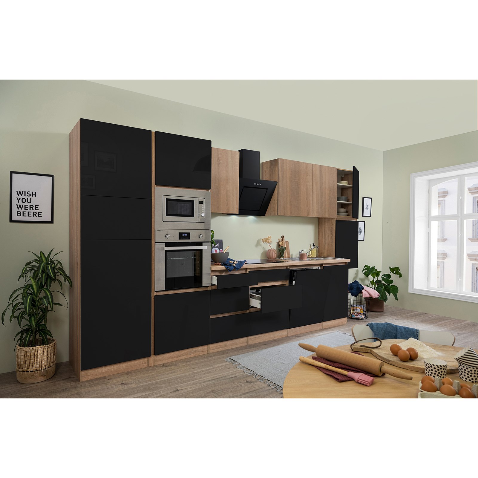 RESPEKTA Küchenblock - schwarz Hochglanz-Eiche Sägerau - mit E-Geräten - 395 cm