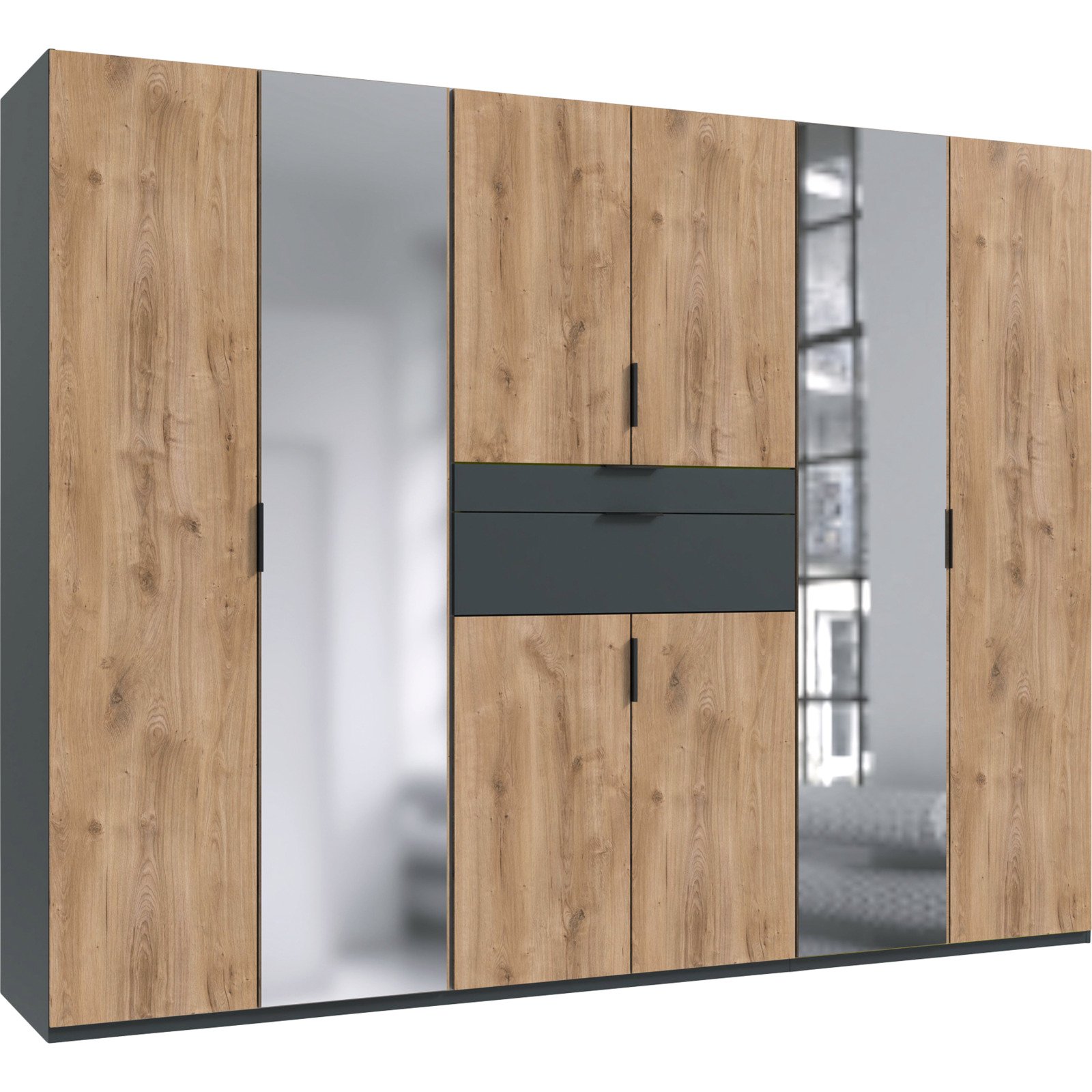 Drehtürenschrank Eliana, Dekor Graphit und Plankeneiche, 270 x 208 x 58 cm, mit Spiegel