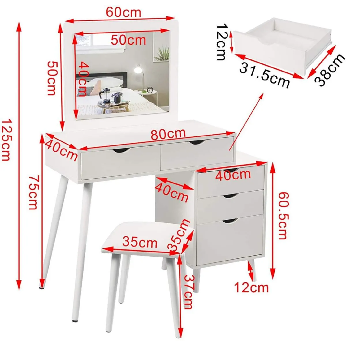 Helloshop26 Coiffeuse avec table de chevet - 80 cm