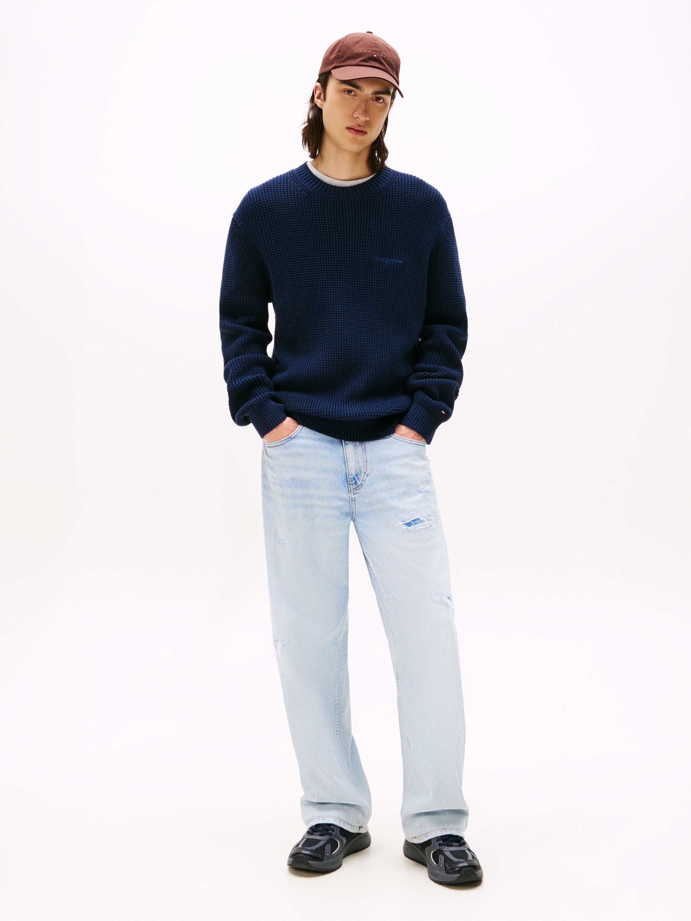 Tommy Jeans Strickpullover »TJM SCRIPT CHUNKY«, Regular Fit, Rundhals Waffelpique Strick