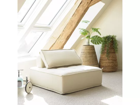 ALBANE - Chauffeuse capitonnée beige 100x100cm avec dossier et coussin