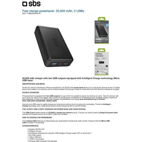 SBS powerbank 20.000 mAh - sort