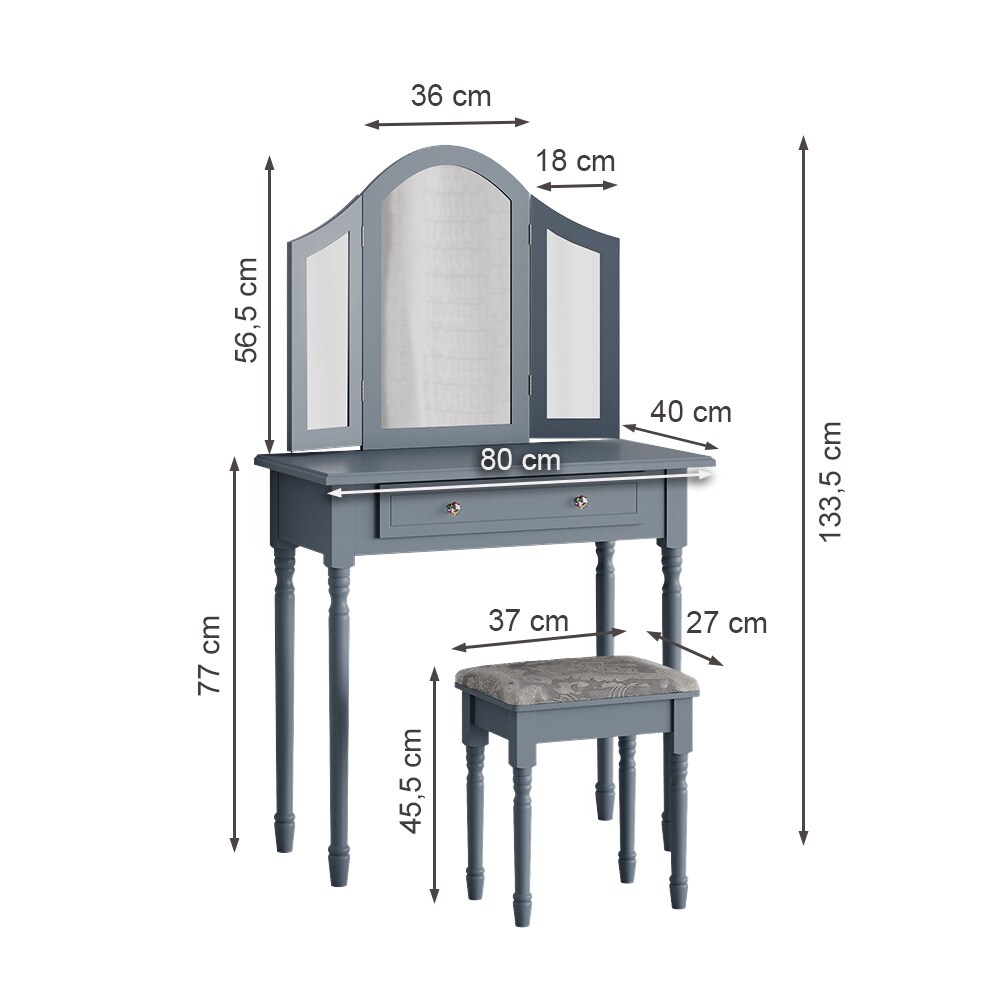 Vicco Schminktisch Frisiertisch Kosmetiktisch Kate Grau Schminkspiegel Hocker 80x134 cm Antik Schlafzimmerkommode Schminkkommode Schublade Ablage Aufbewahrung Frisierkommode Make-Up-Tisch