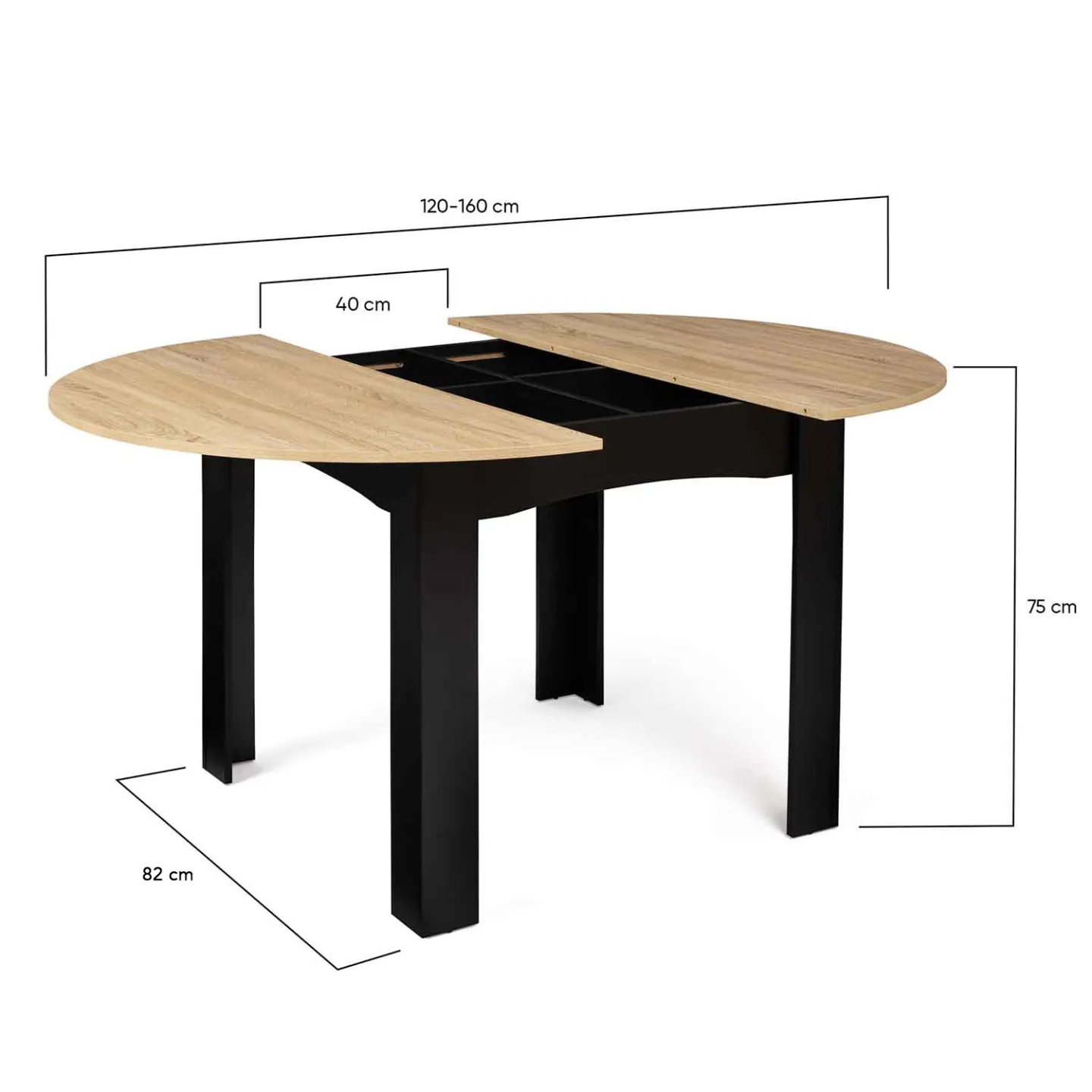 Table à manger extensible ronde DONA 4-8 personnes noire plateau façon hêtre 110-150 cm