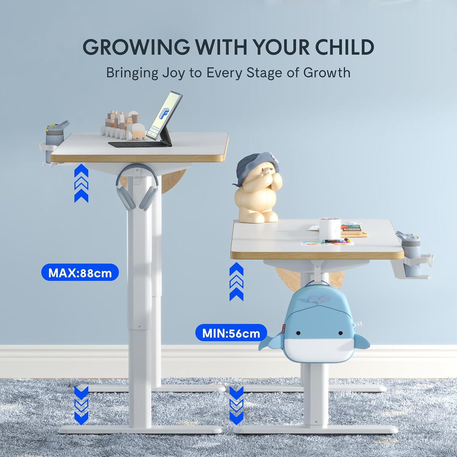 FLEXISPOT Kinderschreibtisch, elektrisch höhenverstellbar Schreibtisch, für Kinder ab 6 Jahren, mit LED-Höhenanzeige, 3 Speicherplätzen, Kindersicherung und Ergonomischer Tischplatte 110 x 52 cm