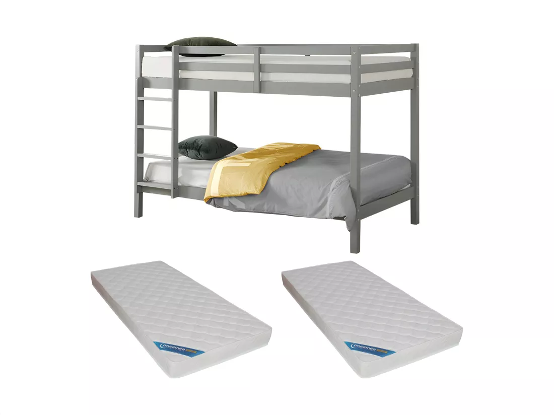 Lits superposés ANICET II - 2 x 90 x 190cm - Pin Massif - Gris + matelas
