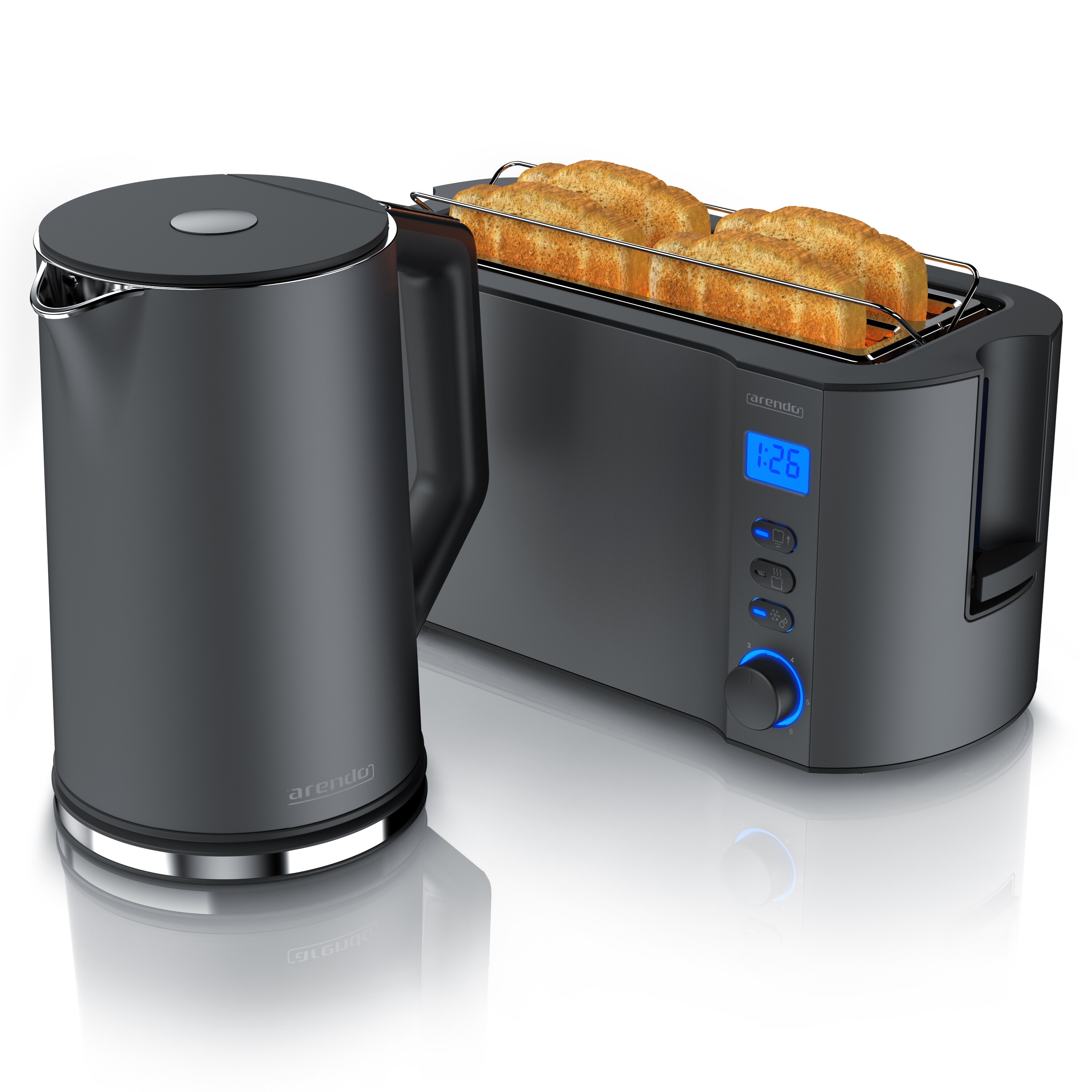 Arendo 2-teiliges Frühstücks-Set, Langschlitztoaster 4 Scheiben & Edelstahl Wasserkocher 1,5L, Grau