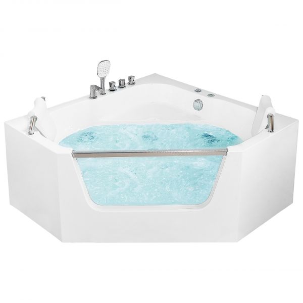 Beliani Banheira Clássica com Jatos de Água e Painel de Vidro Cantalla de Acrílico Branco 150x150x58