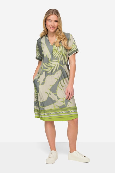 Jerseykleid, XL Blätter-Print, V-Ausschnitt, Halbarm