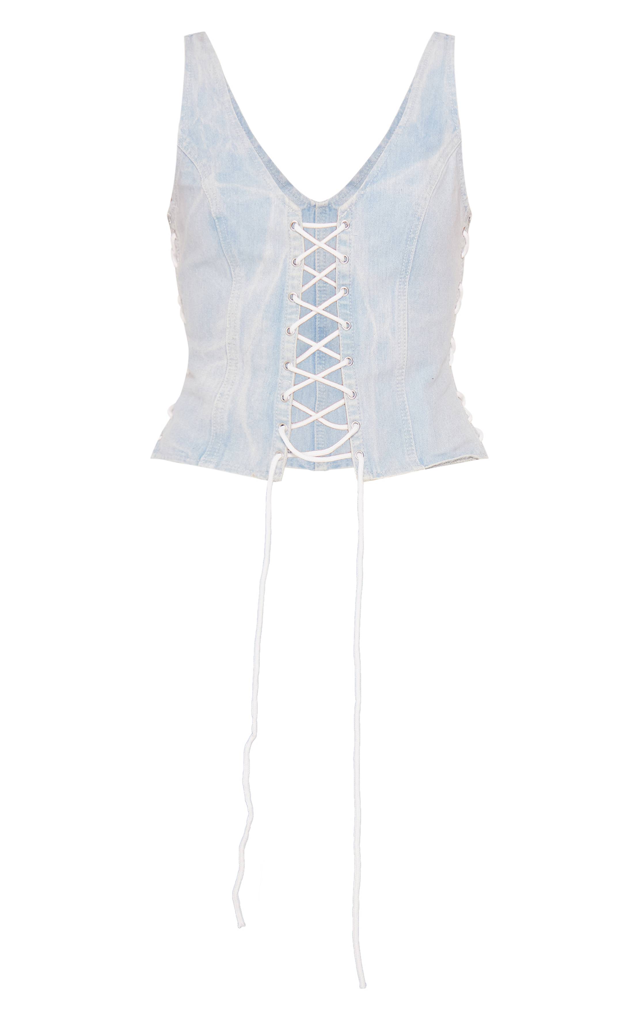 Light Blue Wash Top Corset En Denim À Détail Lacé