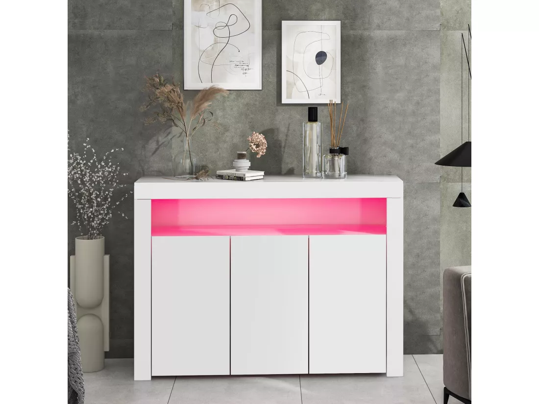 Buffet avec 3 portes et étagère - 130 x 35 x 95 cm - LEDs - Panneaux de particules - Blanc