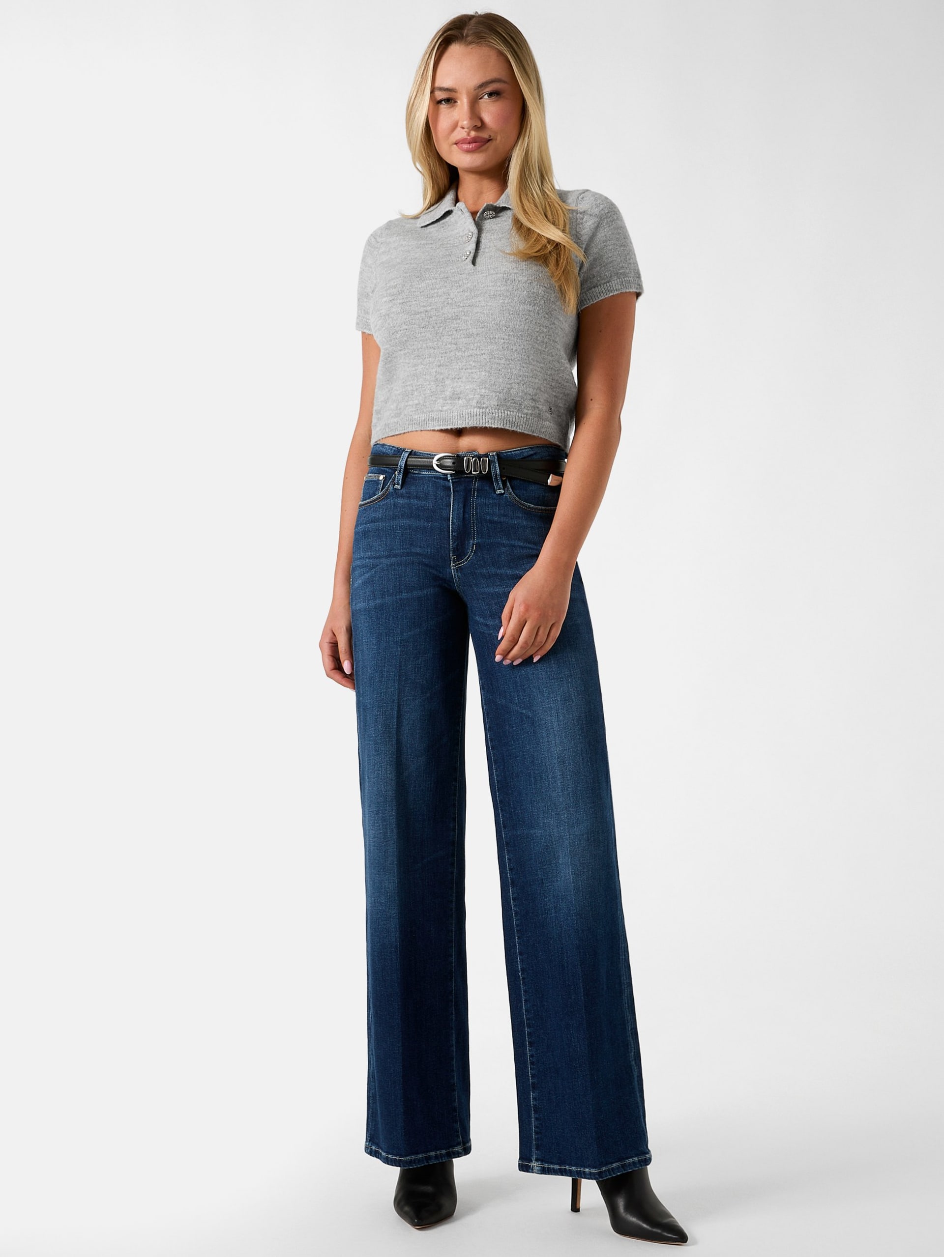 Calça jeans palazzo sexy de cintura média e pernas largas