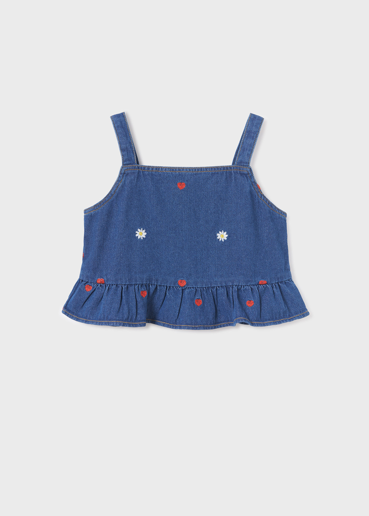 Top jeans com bordados em algodão sustentável para meninas