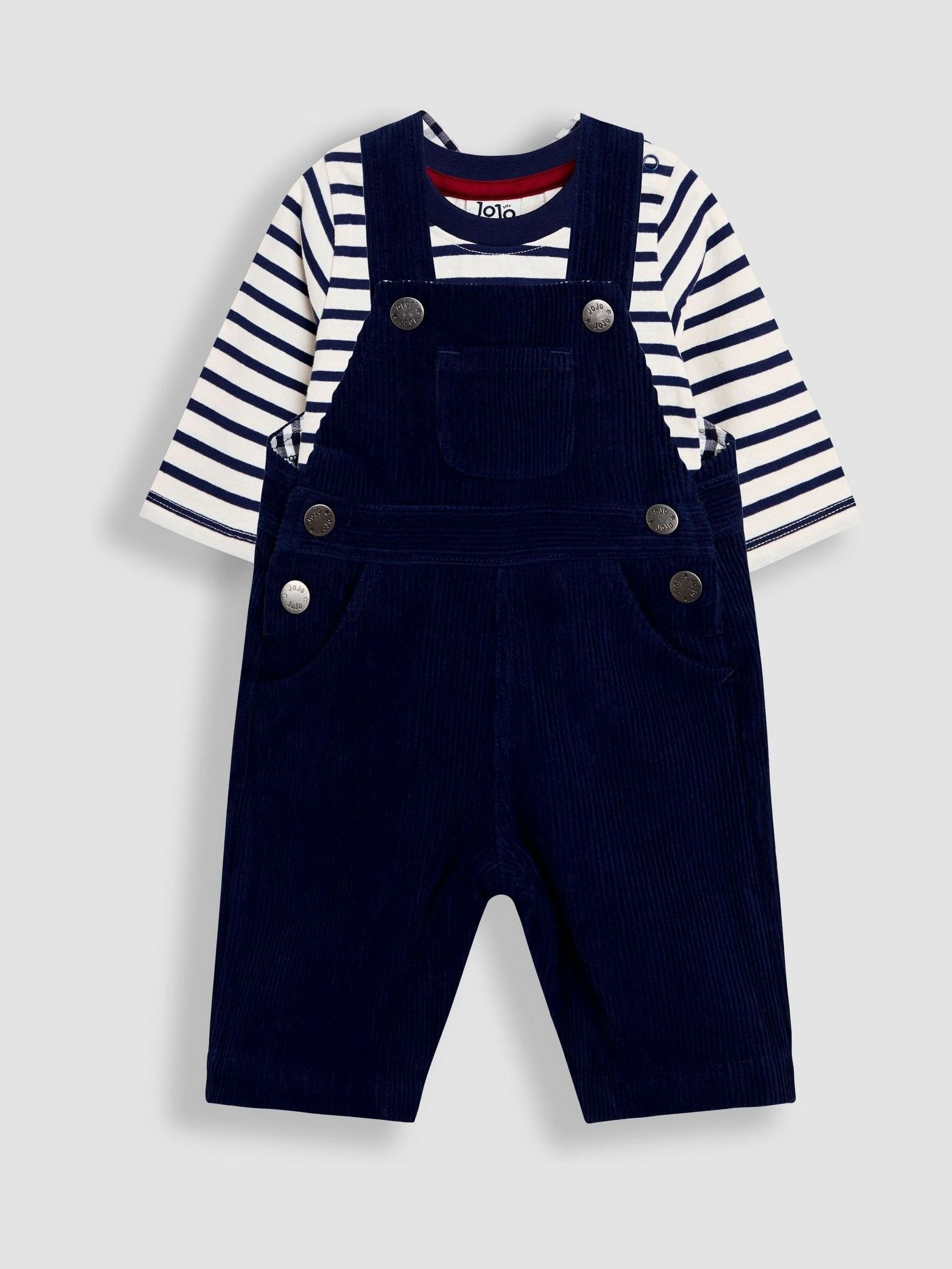 Donkerblauw - JoJo Maman Bébé 2-delige set van klassieke corduroy bretelbroek en gestreepte top