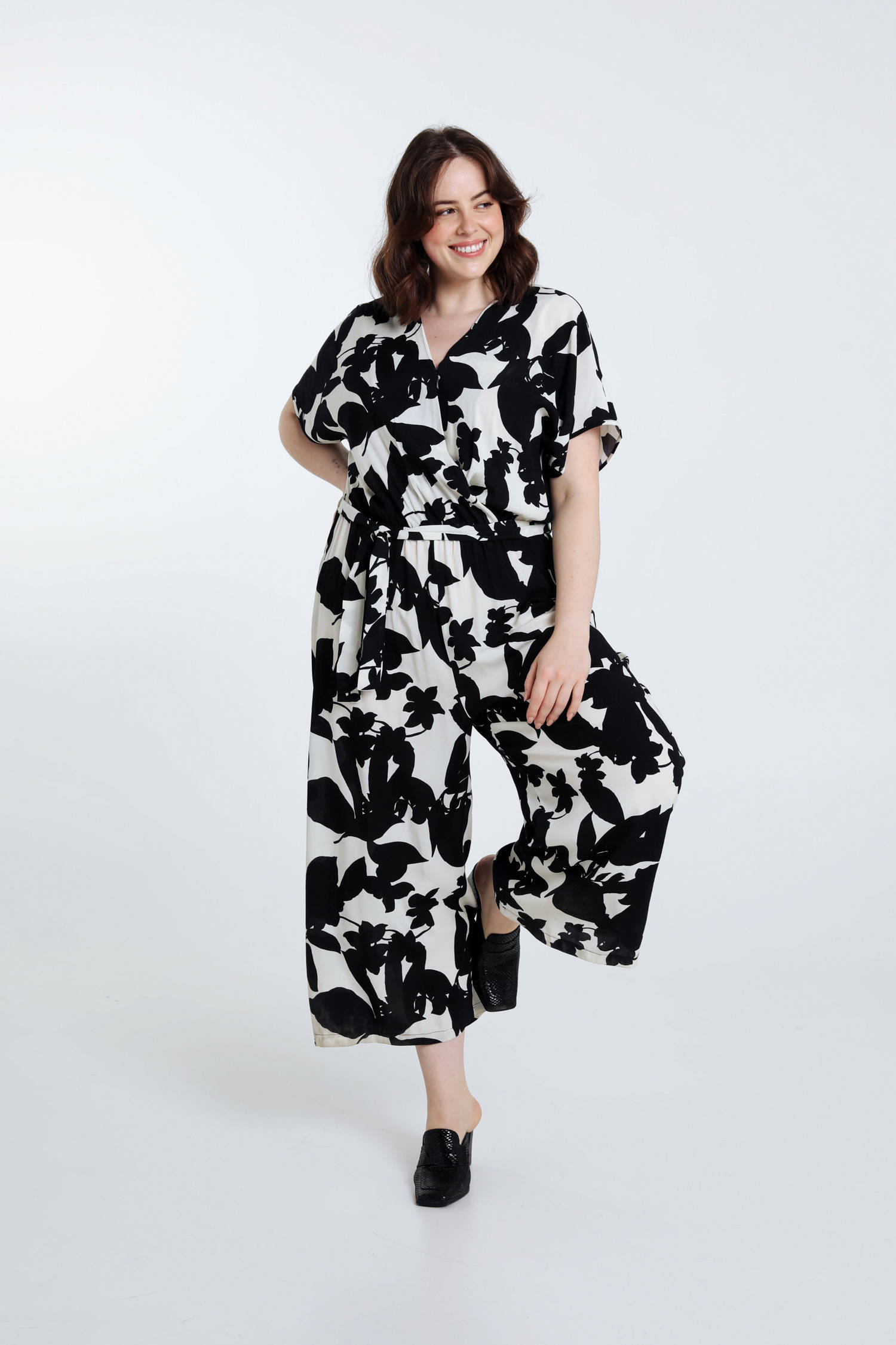 Paprika jumpsuit met bladprint zwart/wit