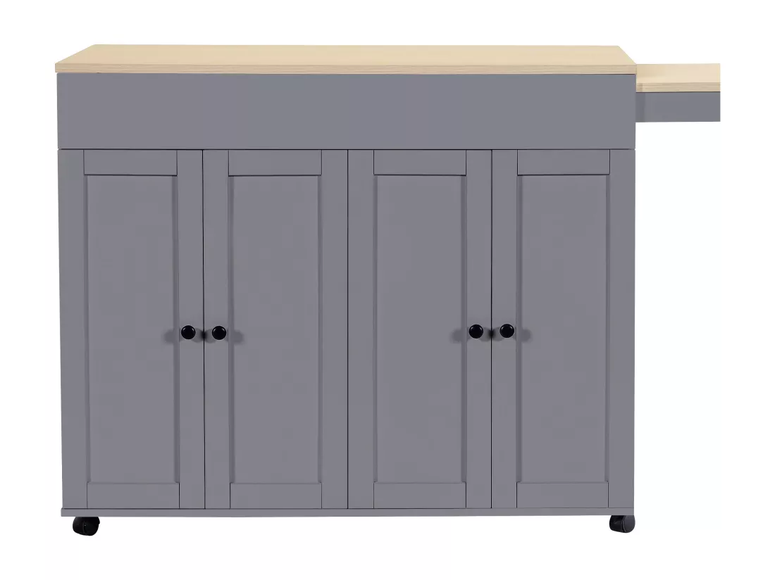Ilot central de cuisine avec 4 portes - Plateau extensible - 118(180)x46x94 cm - Gris+naturel