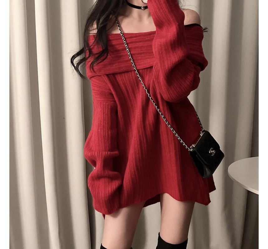 PINPI - Off-Shoulder Effen Gebreide Mini Shift Jurk