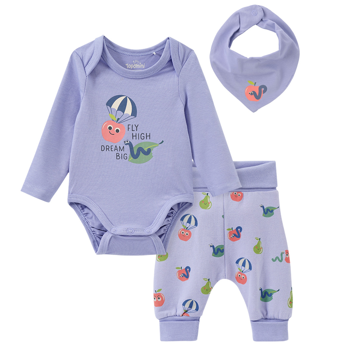 Topomini Newborn Langarmbody, Hose und Bandana helllila / bunt
