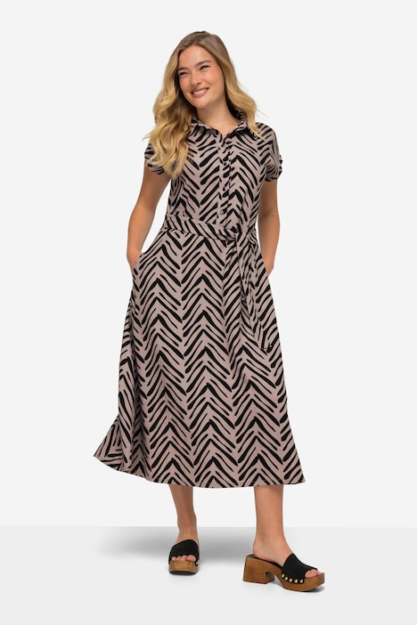 Leinenmix-Kleid, Zebra-Stil Print, Hemdkragen, Taillengürtel, Halbarm