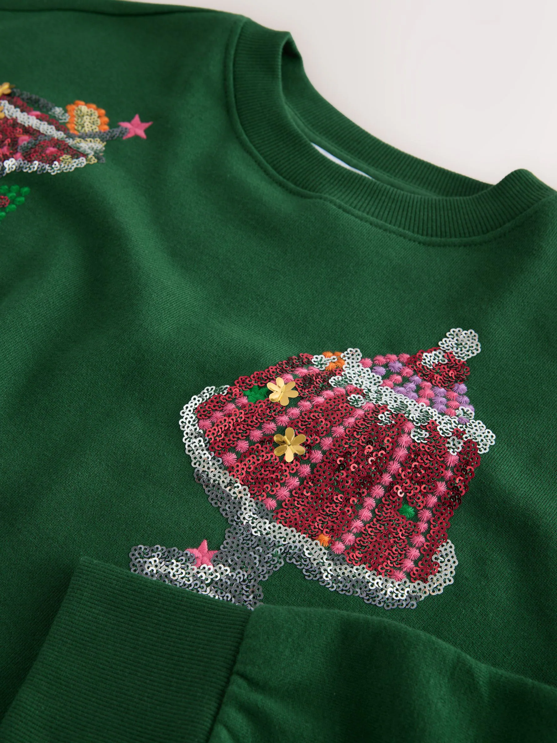 Donkergroen - Seizoensgebonden Graphic Kerstmis Food Sequin Geborduurd Longsleeve Crewneck Sweatshirt