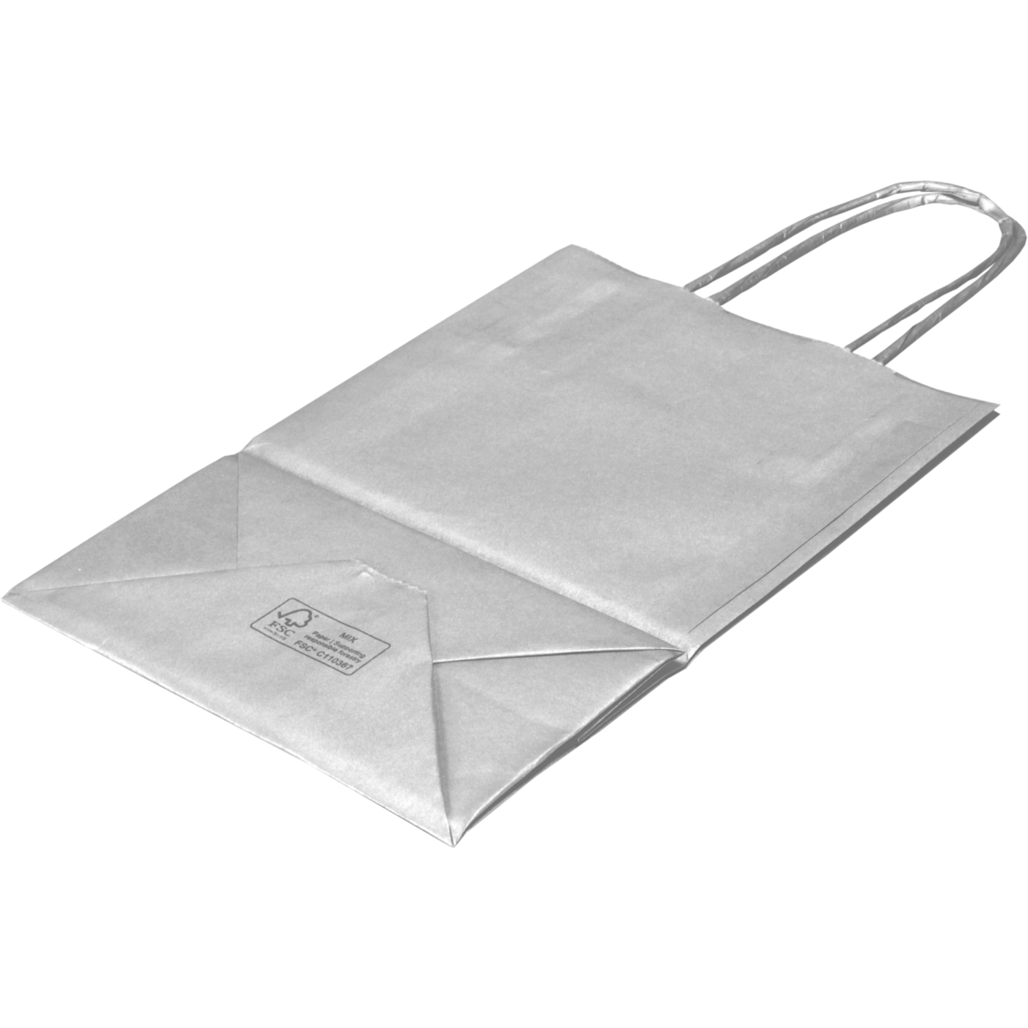 Tas, Papier, gedraaid papieren koord, 14x 8x21cm, draagtas, zilver