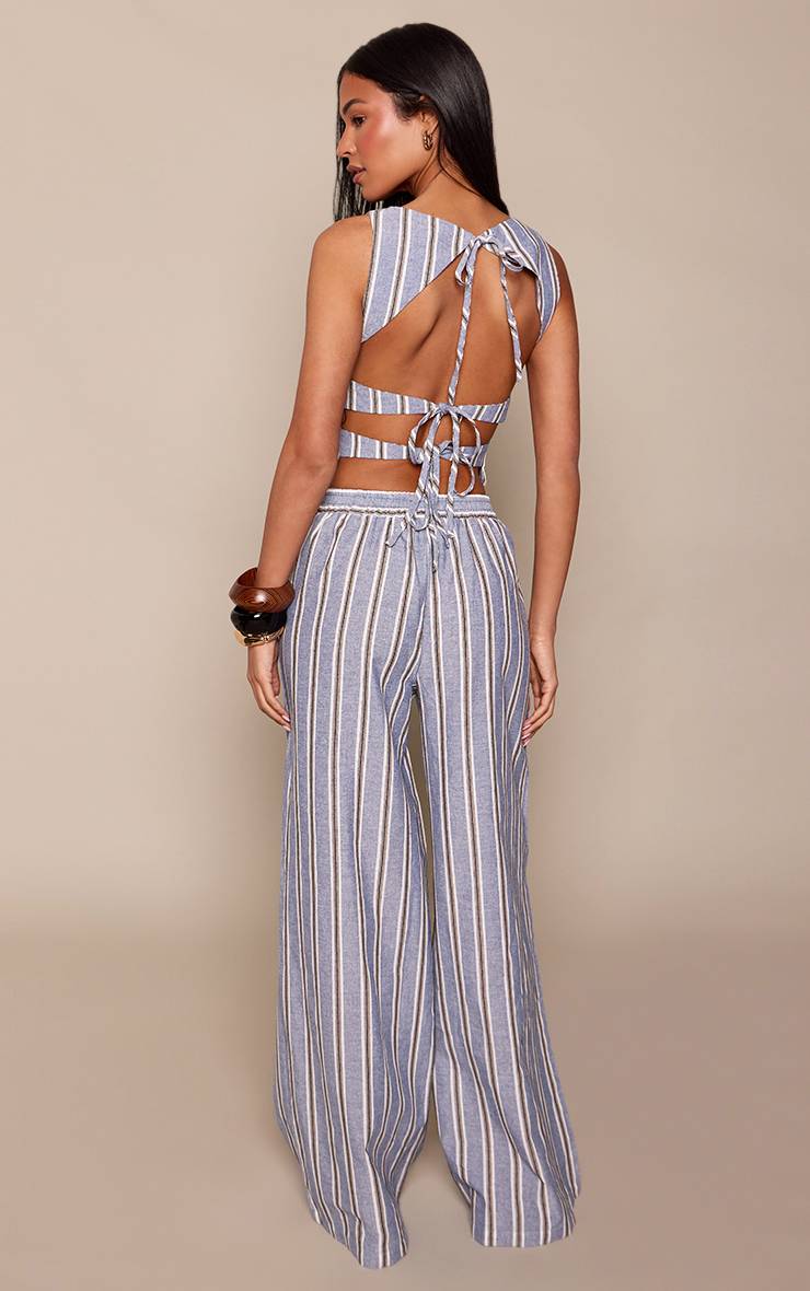 Bleu Pantalon Large Taille Haute En Lin Aspect Coordonné