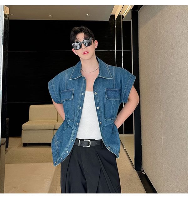 Patow - Gewassen denim jasje met korte mouwen, kraag en knopen