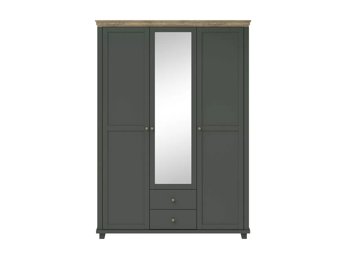 Armoire 150x220 avec 3 portes et 2 tiroirs. Coloris vert kaki et chêne. Collection ASSIA