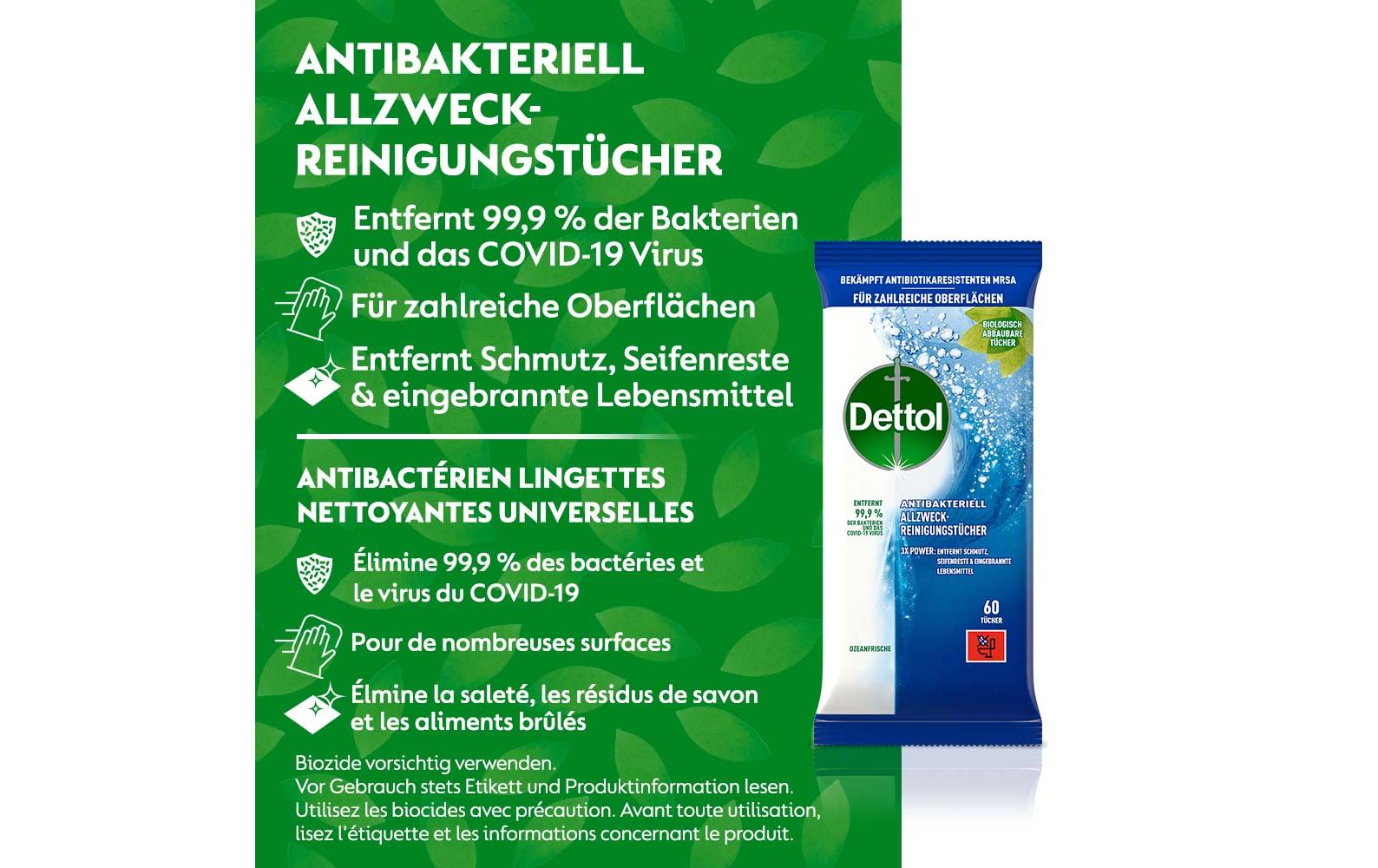 Allzweck-Reinigungstücher Ozeanfrische 60 StückAntibakterieller Oberflächenreiniger mit Ozean-Duft