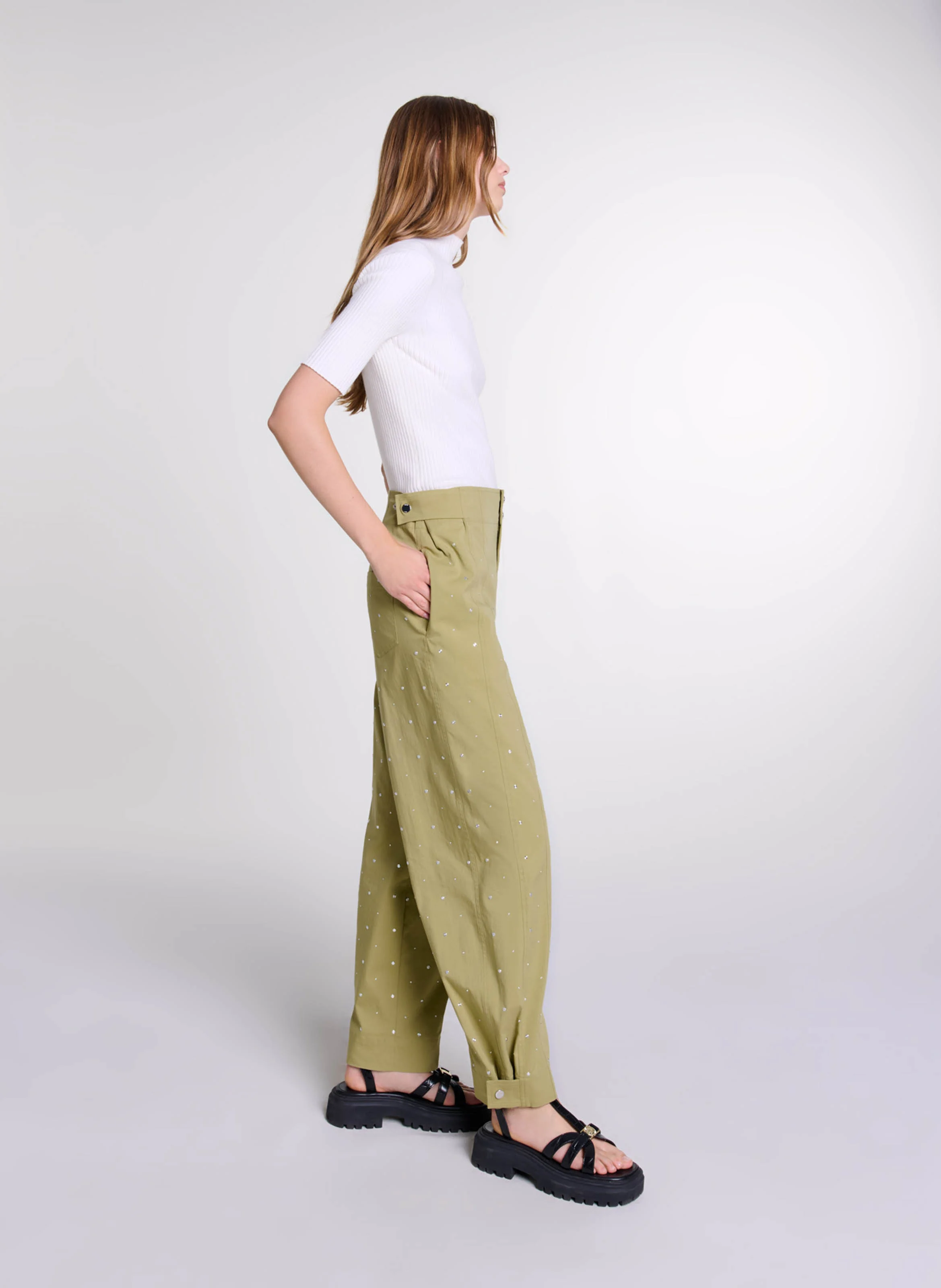 Top col rond en coton mélangé | Beige