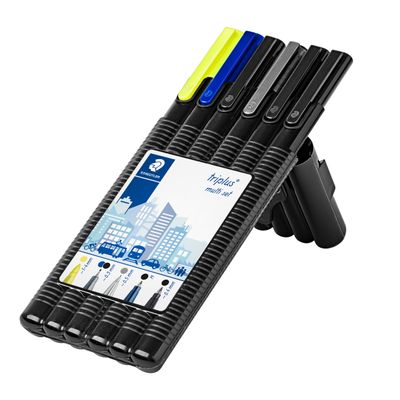 STAEDTLER triplus Black box - Pack avec stylo à bille, feutre fin, surligneur, porte-mine et stylo à bille roulante